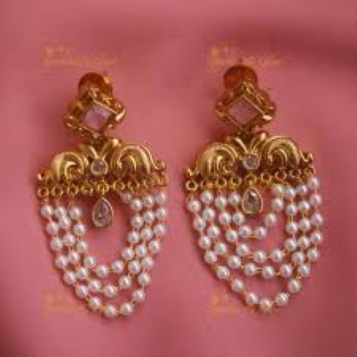 Matte Finish Pearl Drop Earrings with Baby Pink Stone | Artificial Jewellery - Image 4