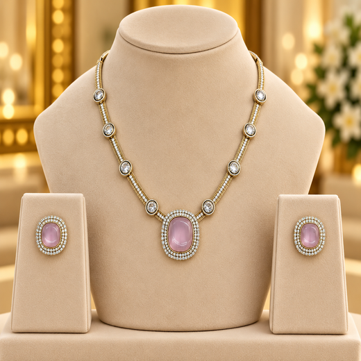 Victorian finishing with American Diamond with Baby-Pink Stone Short Necklace