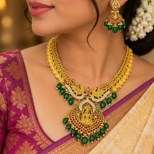 Gold Plated Lakshmi Devi Long Haram Necklace Set - Image 4
