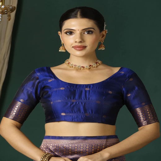 Navy Blue Silk Woven Banarasi Saree - Image 2