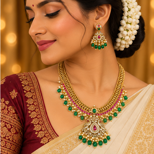 Matte finishing peacock design with Green beads Mango Long Haram - Image 4