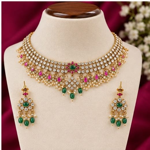 Matte finishing uncut American Diamonds with pearls floral design Choker Necklace