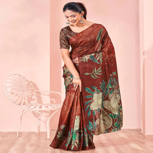 Ready To Wear Maroon Silk Foil Printed Saree - Image 4