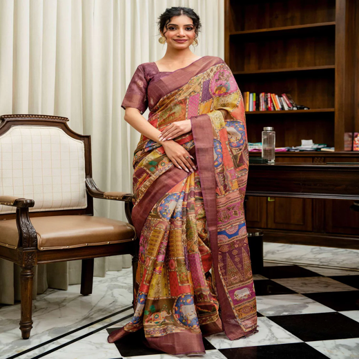 Multicoloured Shimmer Silk Printed Kalamkari Saree