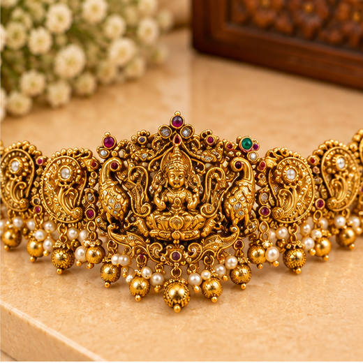 Nakshi Finishing With Lord Lakshmi And Flower Designed Chain Vaddanam - Image 2