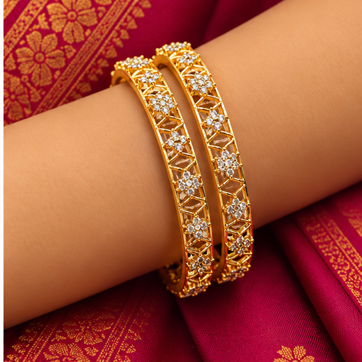 Matte Finishing Flower Design Ad Stones Bangle - Image 4