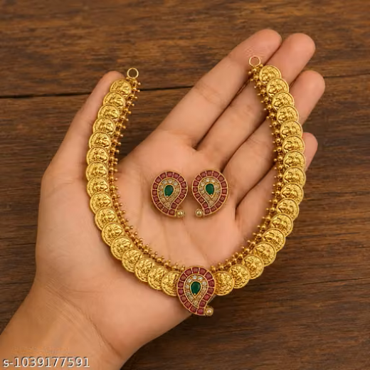 Premium Gold Plated Coin Necklace Set with Mango Stone Design Earrings - Image 3