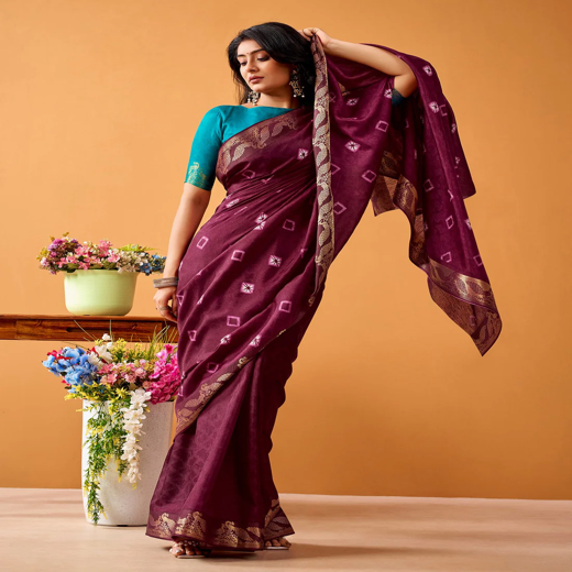 Wine Silk Woven Printed Saree - Image 4
