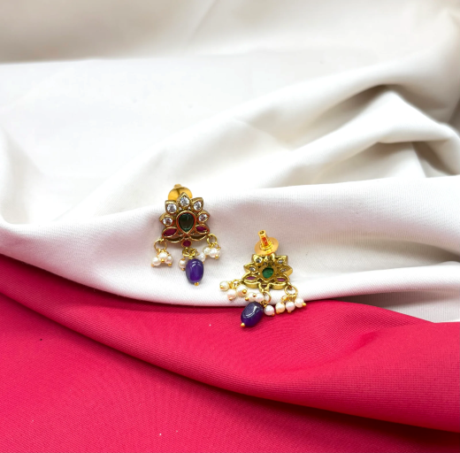 Kempu jadau Flower design dangling Purple stone drop Earring - Image 2