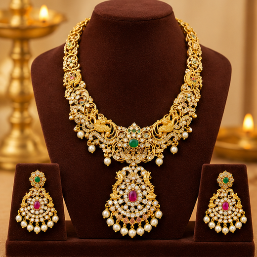 Peacock Design Matte Gold Haram Necklace Set with Earrings