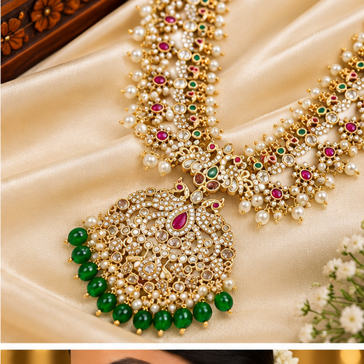 Matte finishing Peacock designed with white pearls Long Necklace - Image 2