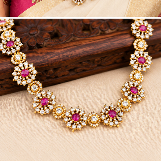 Matte finishing floral design Red-colored stones Long Necklace - Image 3