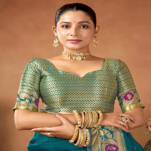 Rama Green Silk Woven Paithani Saree - Image 2