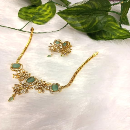American Diamond Zirconia Mint-Green Studded Floral Short Necklace - Image 3