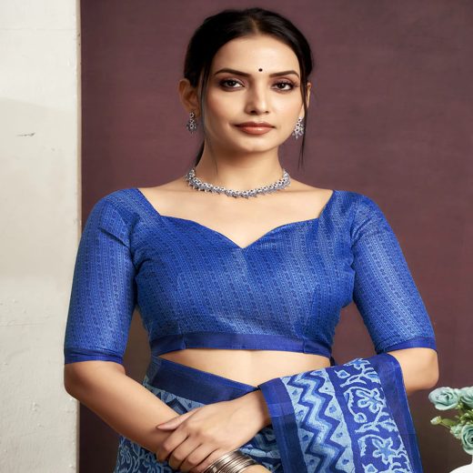 Indigo Cotton Blend Printed Saree - Image 2