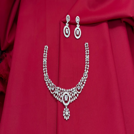 Silver Polish White & white AD Studded Short Necklace