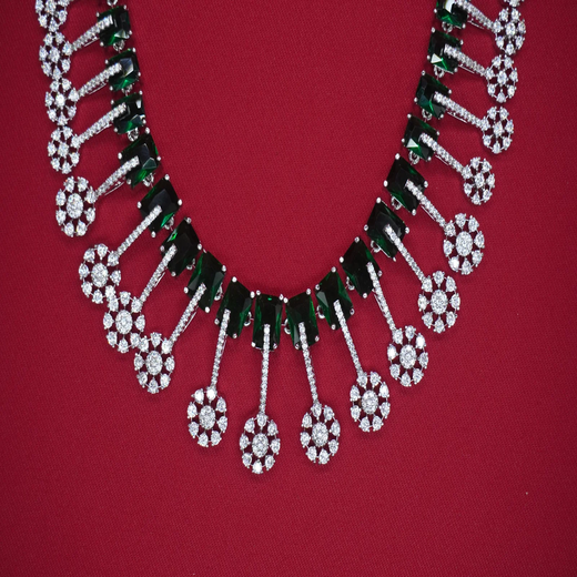 Silver Short Necklace with Green Stones | Artificial Jewellery - Image 2