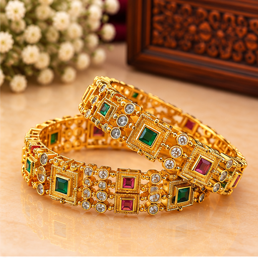 Matte Finish Multi Stones With Six Bangles Set - Image 2