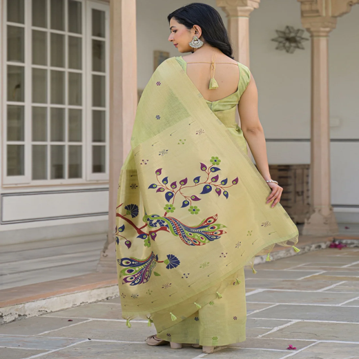 Pista Green Cotton Woven Paithani Saree - Image 4