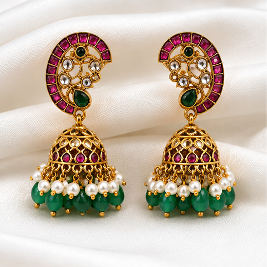 Jadau Kundan with Green Beads Jhumkas Earring