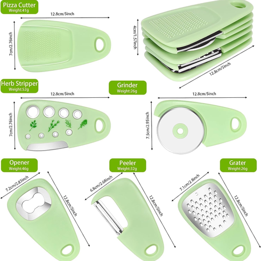Set of 6 Kitchen Tools, Camping Kitchen Gadgets Cheese Grater, Pizza Cutter, Bottle Opener, Vegetable Peeler, Garlic Grinder Herb Stripper - Image 4