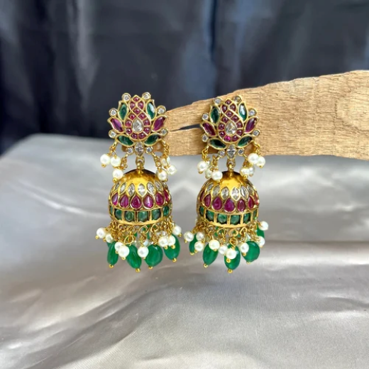 Jhumka emerald Kempu stones with pearl and green bead embellishment earrings