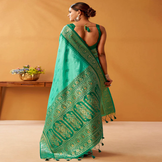 Rama Green Silk Woven Kanjivaram Saree - Image 4