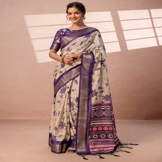 Dark Beige Silk Printed Woven Border Saree