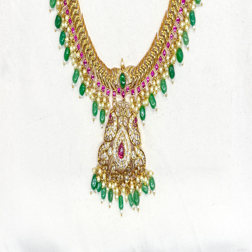 Matte finishing peacock design with Green beads Mango Short Necklace - Image 3