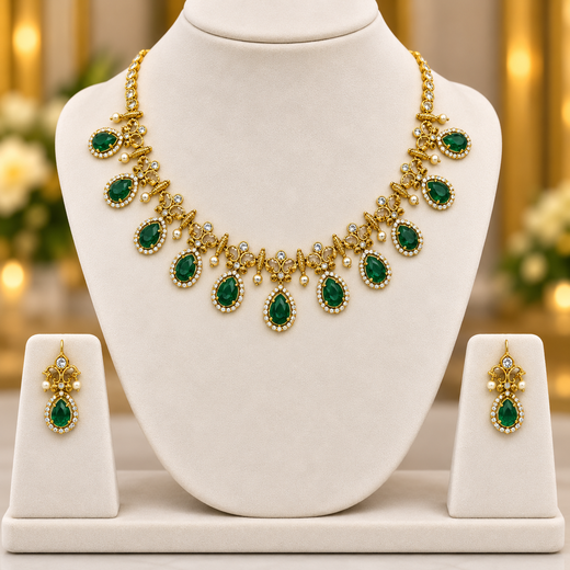 Matte finishing American Diamond with Green Stone Short Necklace