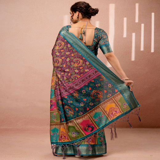 Brown Silk Kalamkari Printed Woven Border Saree - Image 4