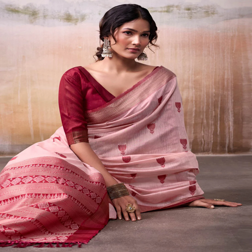 Pink Cotton Woven Saree - Image 3