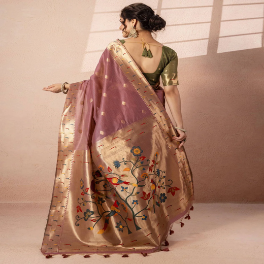 Dusty Mauve Chanderi Cotton Woven Paithani Saree - Image 4