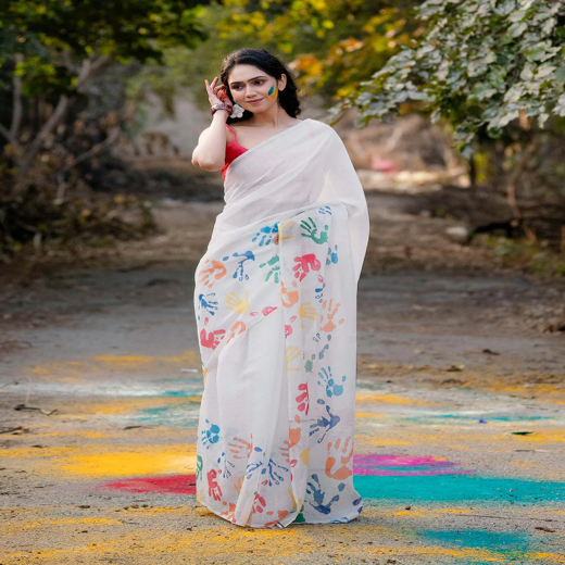 White Linen Printed Saree