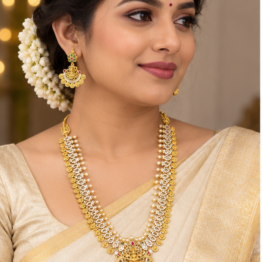 Matte finishing lord Lakshmi leaf with Ad stones Long Haram - Image 2