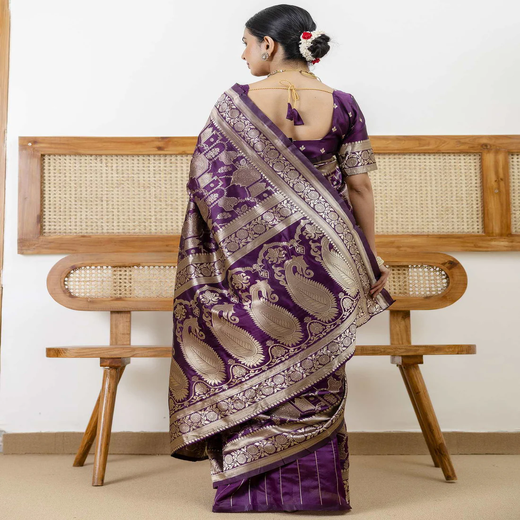 Dark Purple Silk Woven Banarasi Saree - Image 4