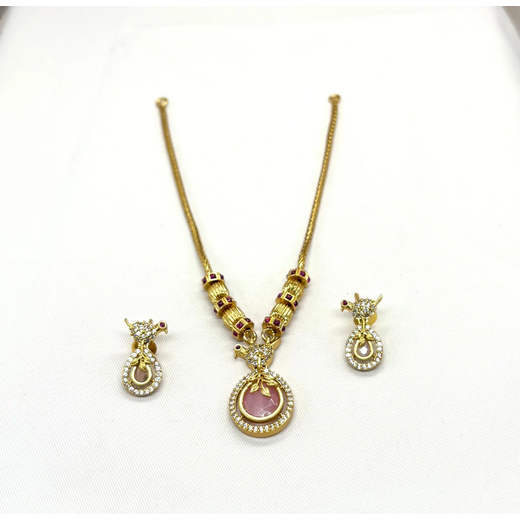 Matte finishing with baby-pink stone flower designed Short Necklace