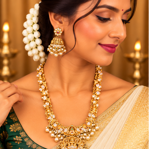 Long Gold Haram with Pearl Details | Artificial Jewellery - Image 2