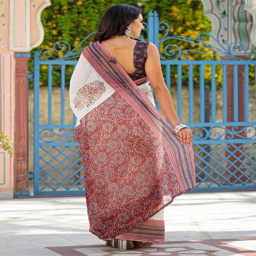 White Linen Printed Saree - Image 4