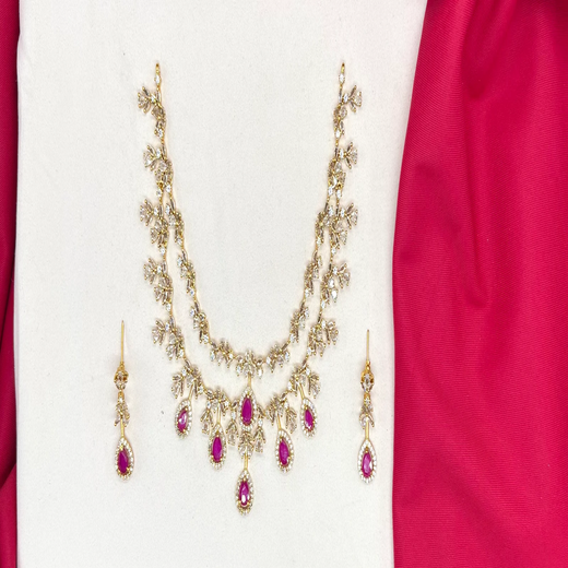 Matte finishing Floral Zircon & Ad Stones pink Short Necklace
