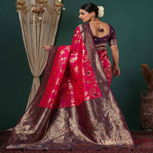 Rani Pink Silk Woven Banarasi Saree - Image 4