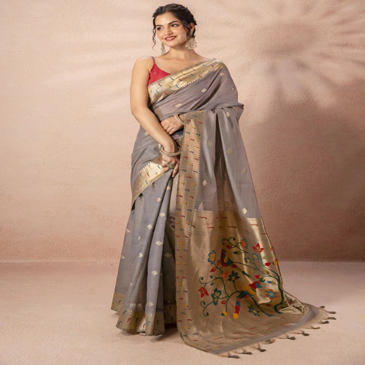 Grey Chanderi Cotton Woven Paithani Saree
