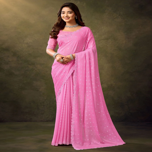 Pink Georgette Stone Work Embellished Saree