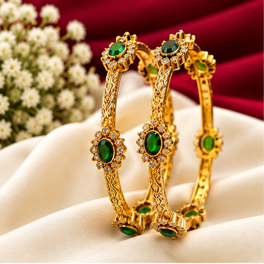 Victorian Finishing Green Stone Flower Designed Bangle