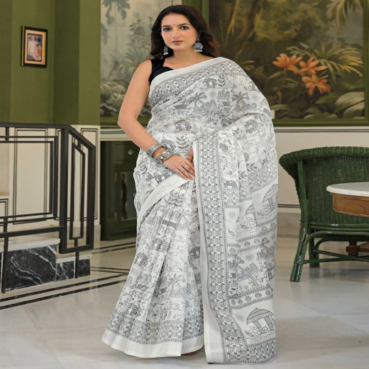 Off White Khadi Warli Printed Saree