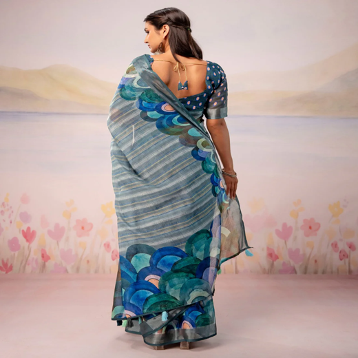 Grey Linen Printed Zari Border Saree - Image 4