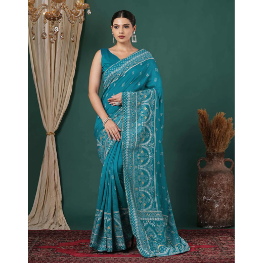 Teal Blue Silk Printed Saree