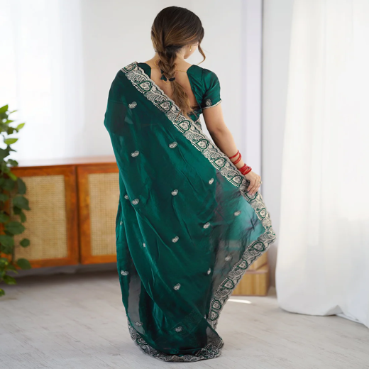 Green Tissue Silk Embroidery Saree - Image 4