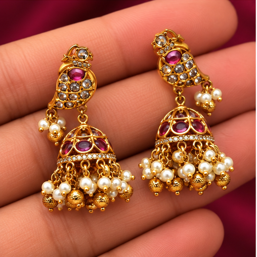 Matte Finish American Diamond Stones And Pearls Bird Design Jhumka Earrings - Image 3