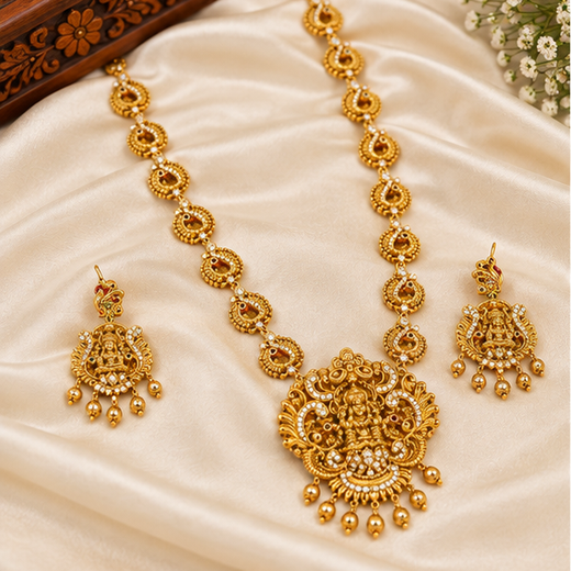 Matte finishing traditional South Indian Temple Long Haram Necklace - Image 3